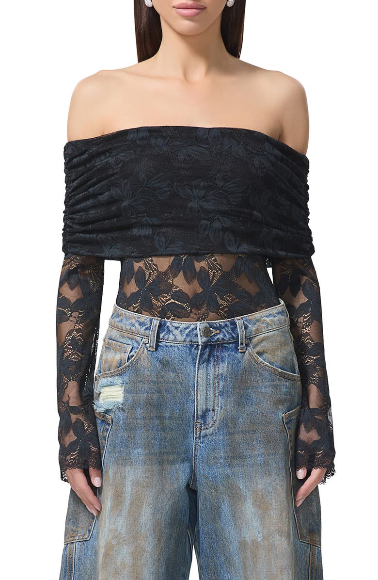 AFRM Lennox Ruched Off the Shoulder Lace Bodysuit, Main, color, 