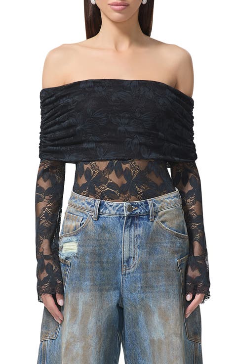Lennox Ruched Off the Shoulder Lace Bodysuit