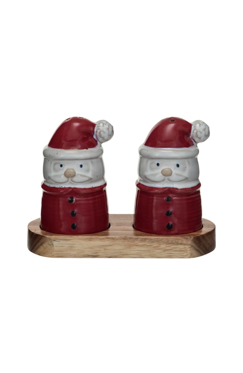 Storied Home Stoneware Santa Shaped Salt and Pepper Shakers on an Acacia Wood Tray, Red, White and Natural, Main, color, 