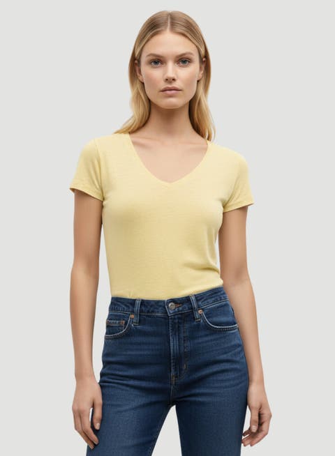 Stretch Linen Short Sleeve V-Neck T-Shirt