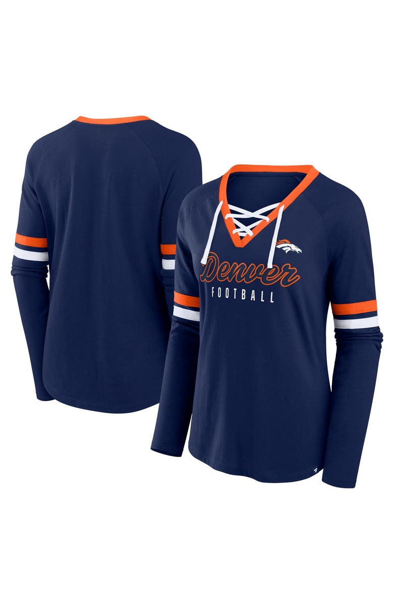FANATICS Women's Fanatics Navy Denver Broncos Won and Done Lace-Up Long Sleeve Fashion Top, Main, color, Navy