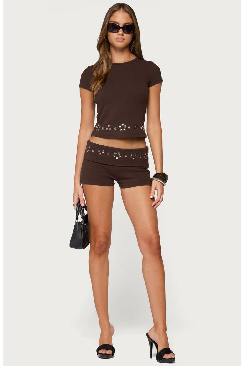 Fontey Studded Foldover Micro Shorts, Alternate, color, BROWN