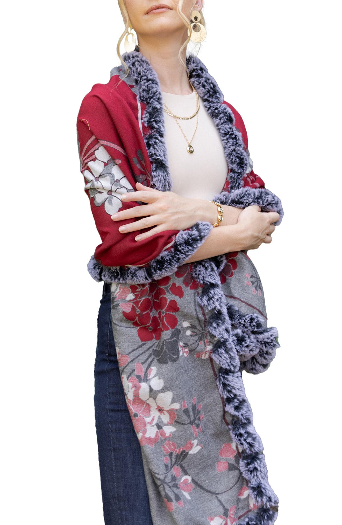 SAACHI Floral Reversible Scarf with Faux Fur Trim