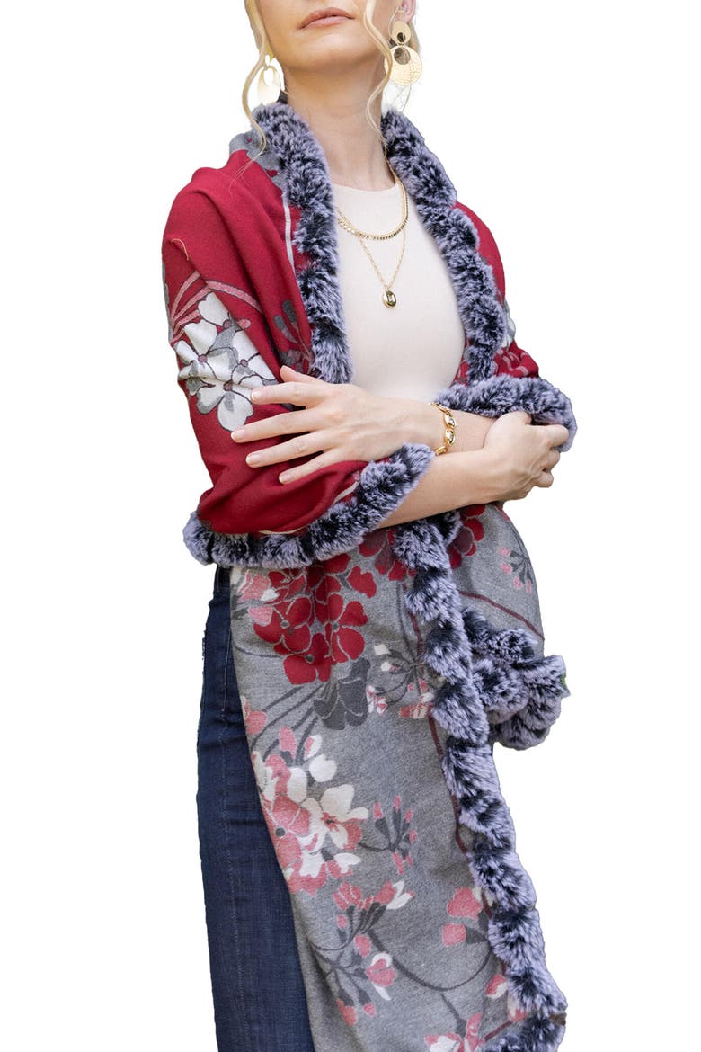 Floral Reversible Scarf with Faux Fur Trim, Main, color, MAROON