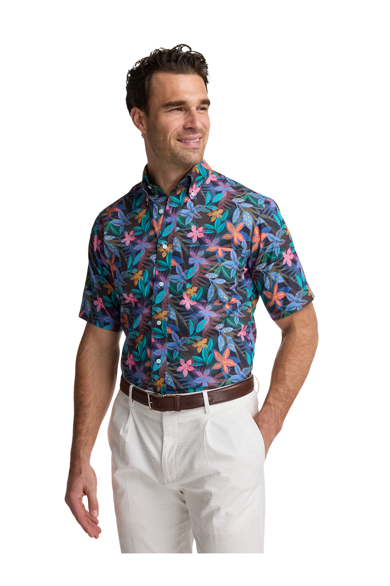 Cotton Buttondown Collar Poplin Slim Hemmed Sleeve Short Sleeve Shirt, Alternate, color, Blue Multi