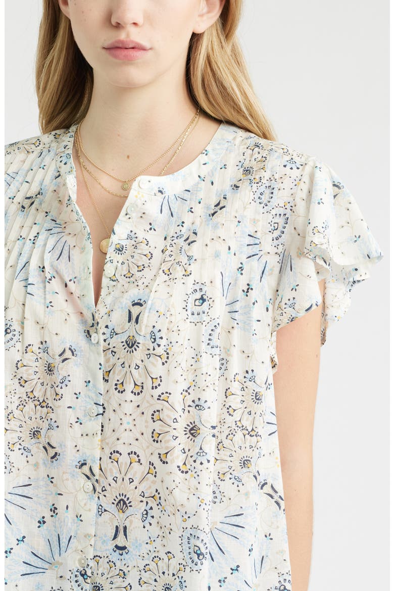 Floral Cotton Pintuck Flutter Sleeve Top, Alternate, color, IVORY- BLUE SCARF FLORAL