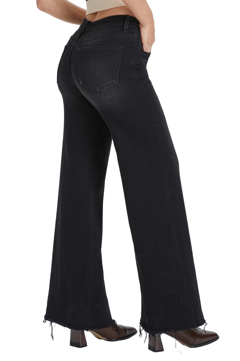 Frayed Exposed Button Mid Rise Wide Leg Jeans, Alternate, color, RAVEN