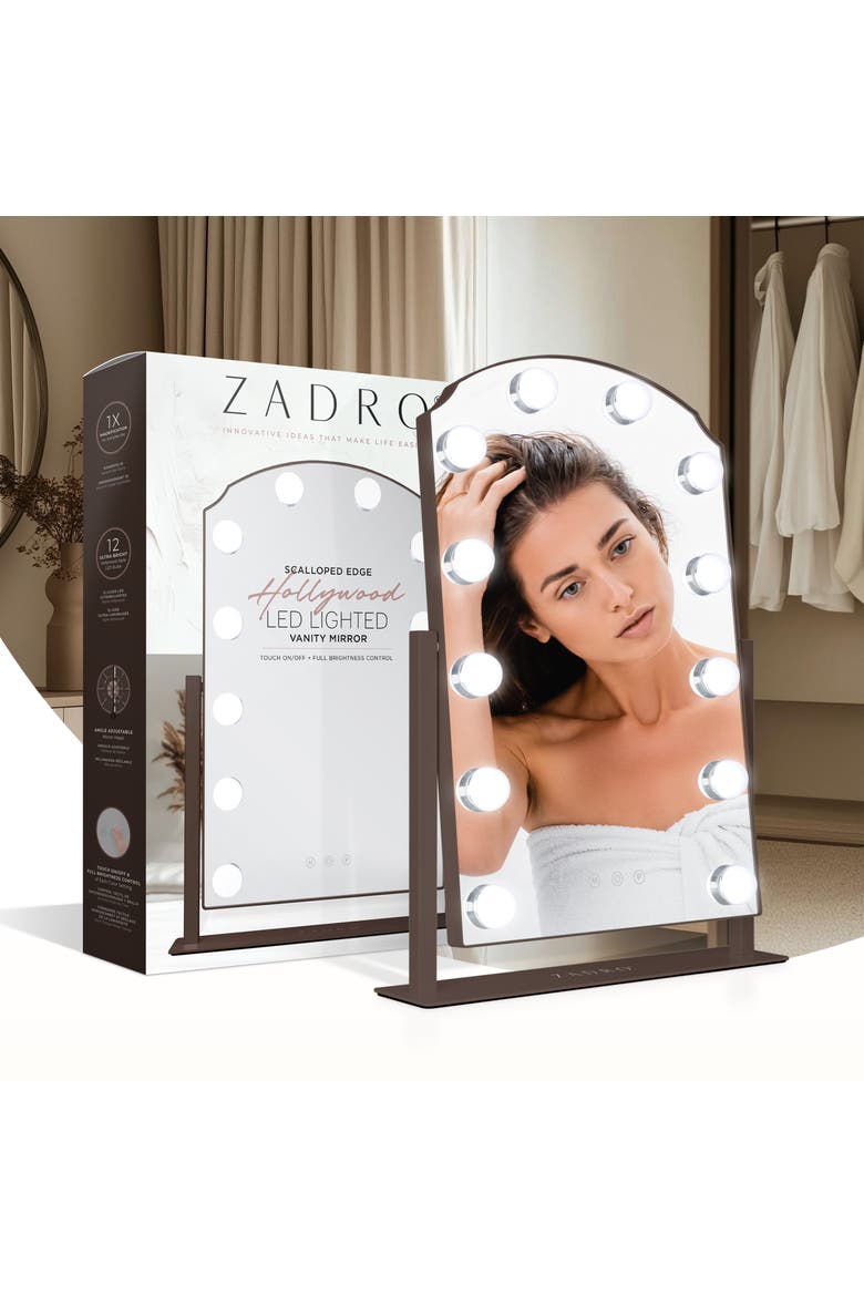 Scalloped Edge Hollywood LED Vanity Mirror, Alternate, color, Chocolate