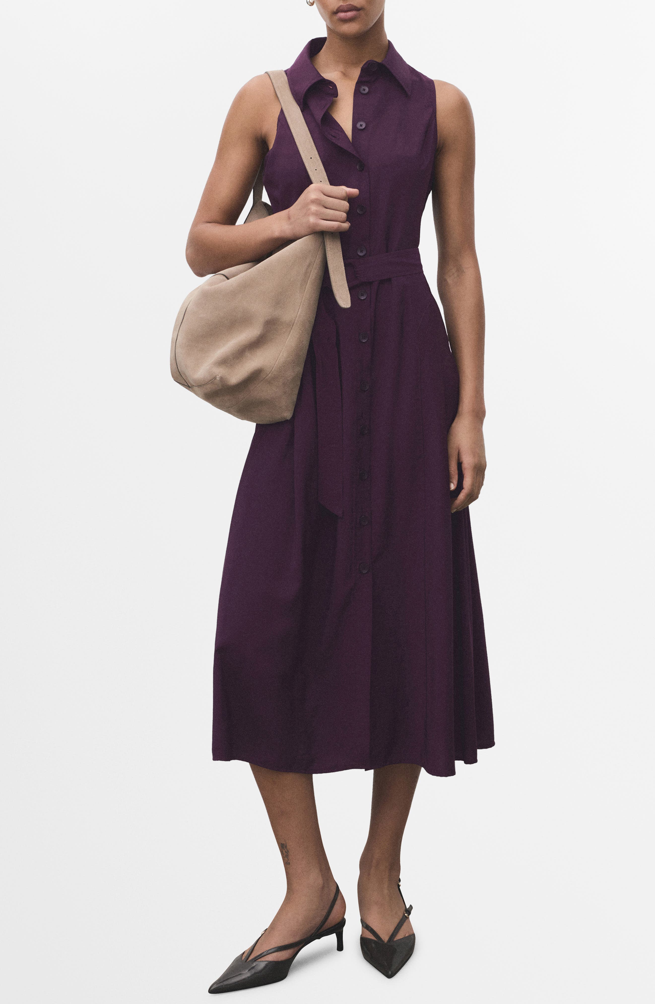 MANGO Belted Sleeveless Shirtdress