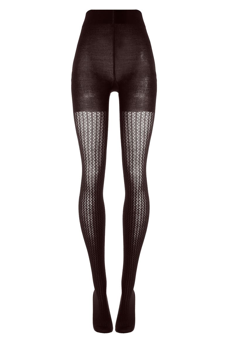 Virgin Wool Blend Net Effect Tights, Alternate, color, DARK WOOD