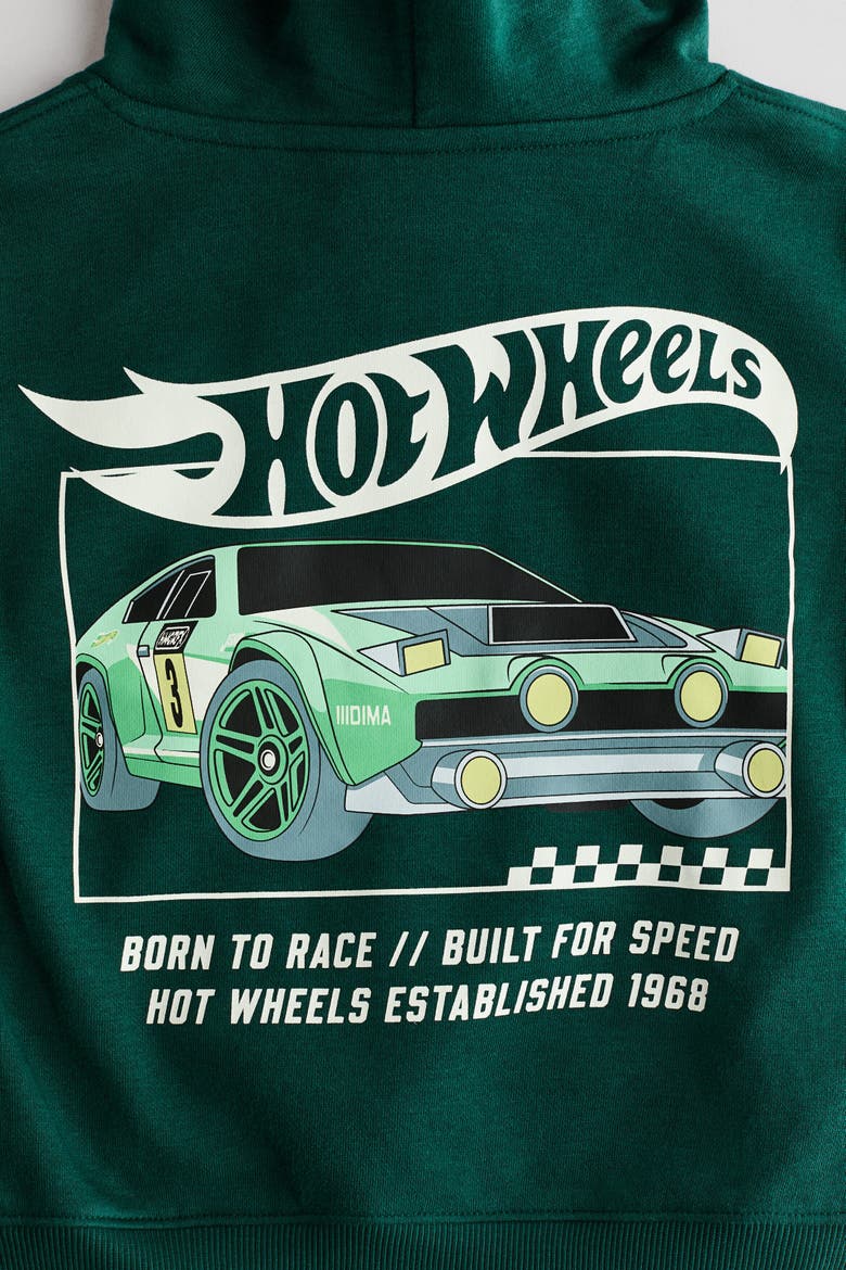 Printed Brushed-Inside Hoodie, Alternate, color, Dark green/Hot Wheels