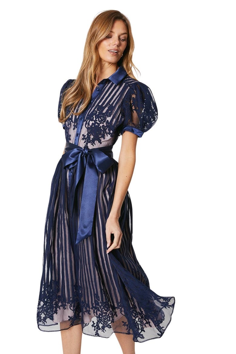 Stripe Organza Puff Sleeve Shirt Dress, Alternate, color, Navy