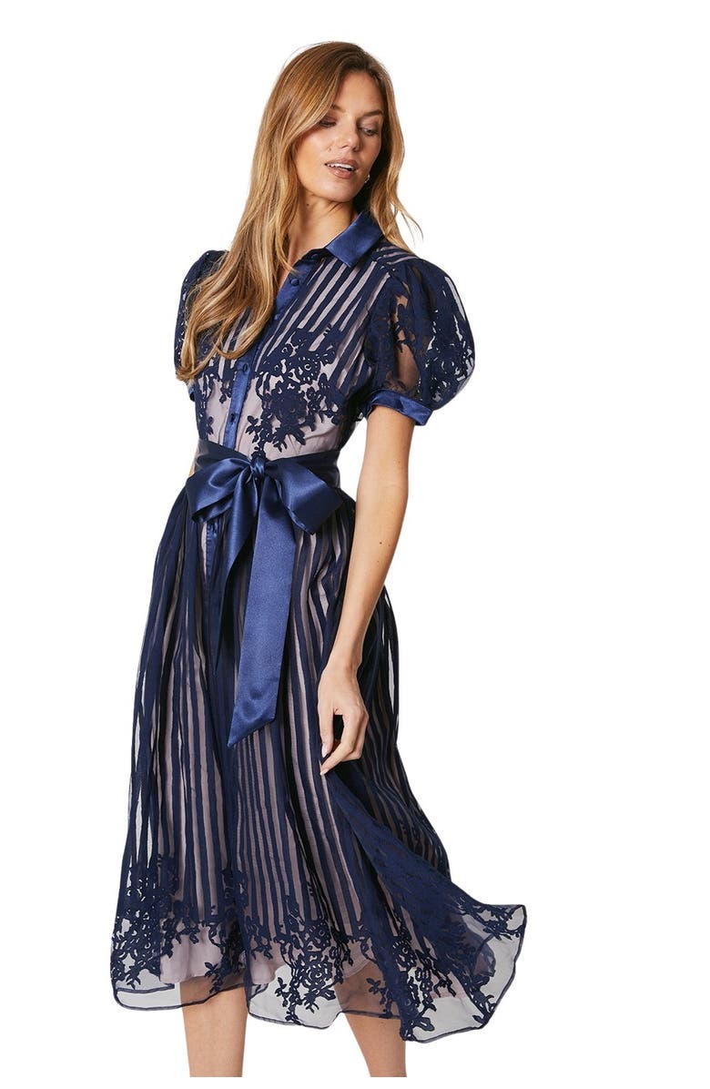 Coast Stripe Organza Puff Sleeve Shirt Dress, Alternate, color, Navy