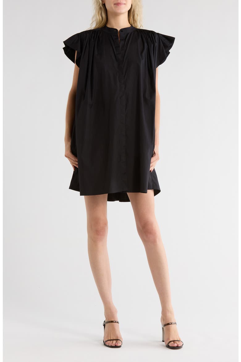 Flutter Sleeve Button Front Poplin Minidress, Main, color, JET BLACK