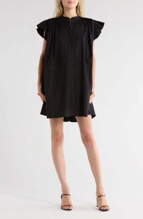 Flutter Sleeve Button Front Poplin Minidress
