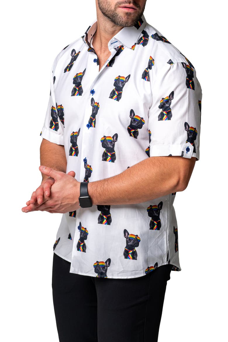 Galileo Glasses Dog Regular Fit Short Sleeve Button-Up Shirt, Alternate, color, WHITE