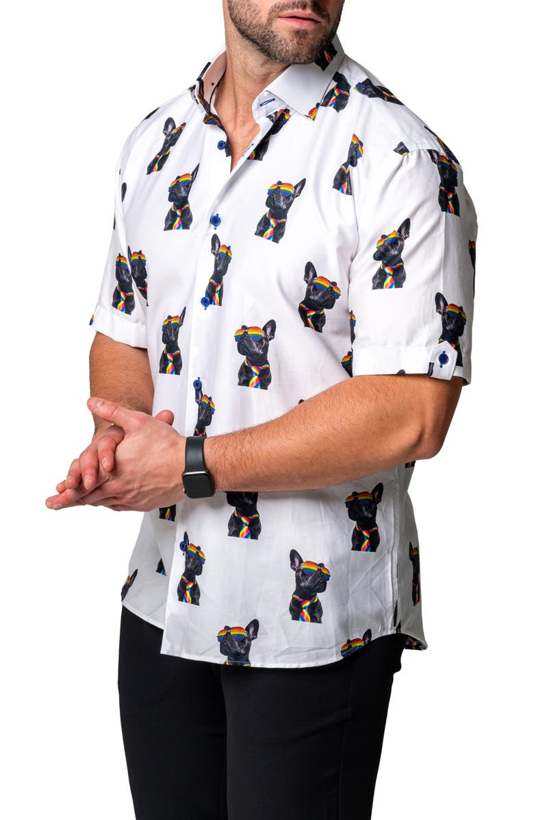 Maceoo Galileo Glasses Dog Regular Fit Short Sleeve Button-Up Shirt, Alternate, color, White
