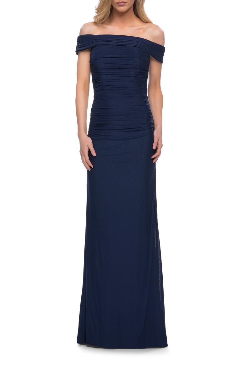 Ruched Off the Shoulder Net Jersey Evening Dress, Main, color, Navy