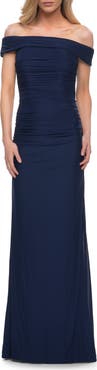 La Femme Ruched Off the Shoulder Net Jersey Evening Dress