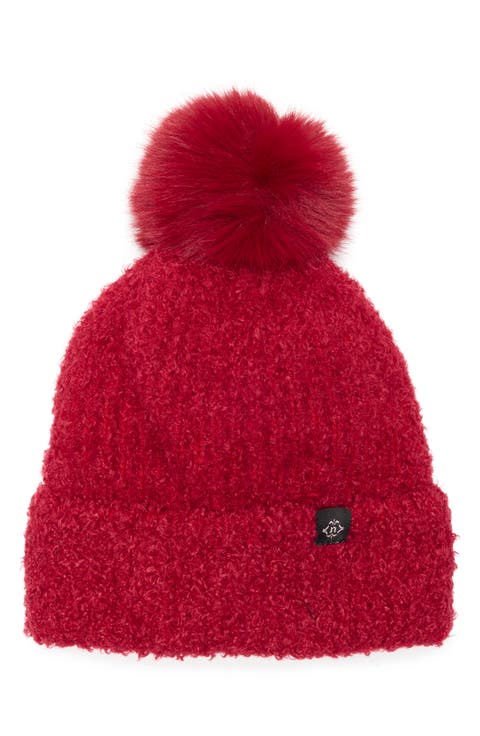 Faux Shearling Beanie with Faux Fur Pompom