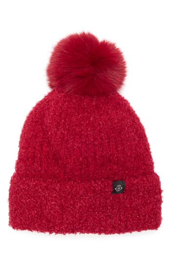 Nanette Lepore Faux Shearling Beanie With Faux Fur Pompom In Red
