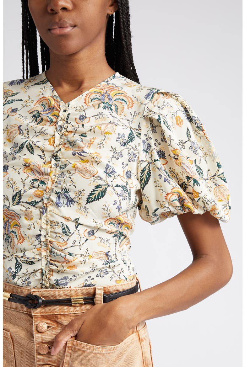 Elisa Ruched Puff Sleeve Silk Blouse, Alternate, color, GARDENIA