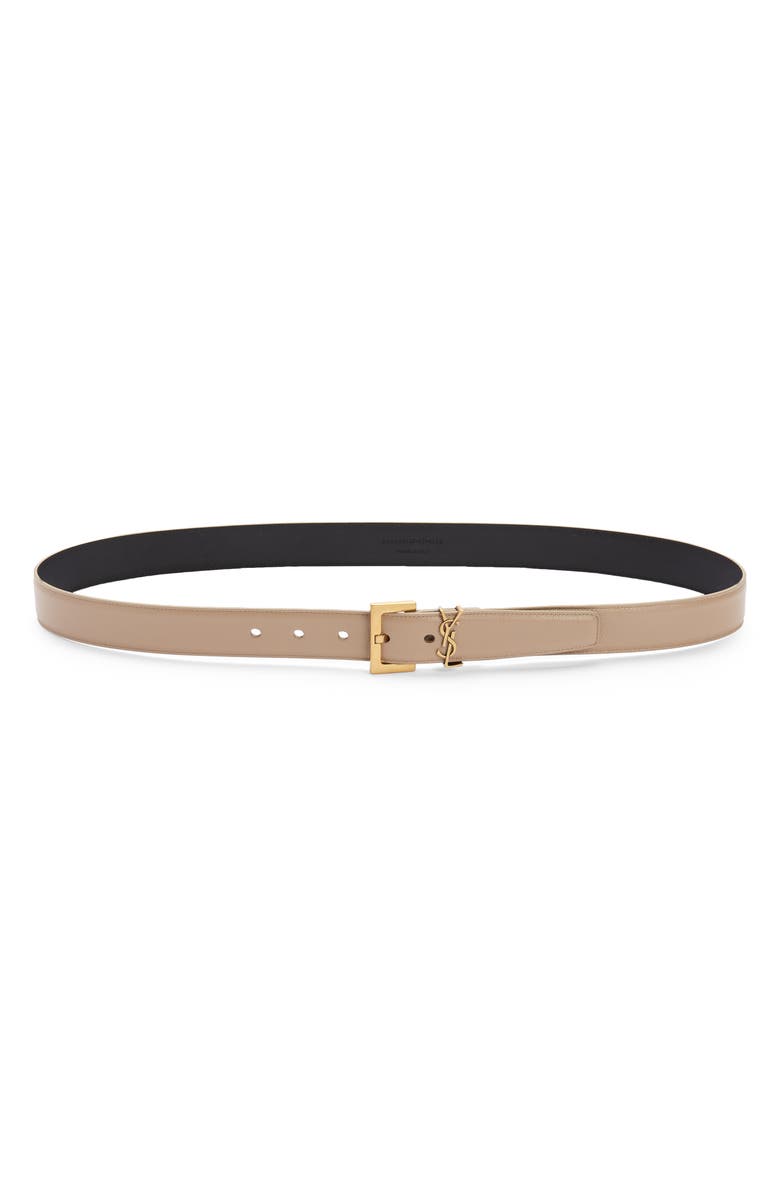 Saint Laurent Laque YSL Monogram Leather Belt, Main, color, Dark Beige