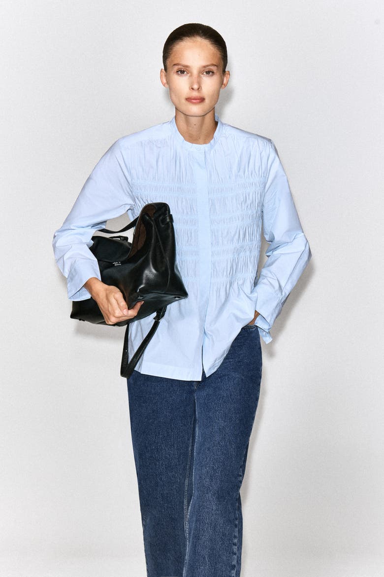 Ruched Cotton Blouse, Main, color, BLUE