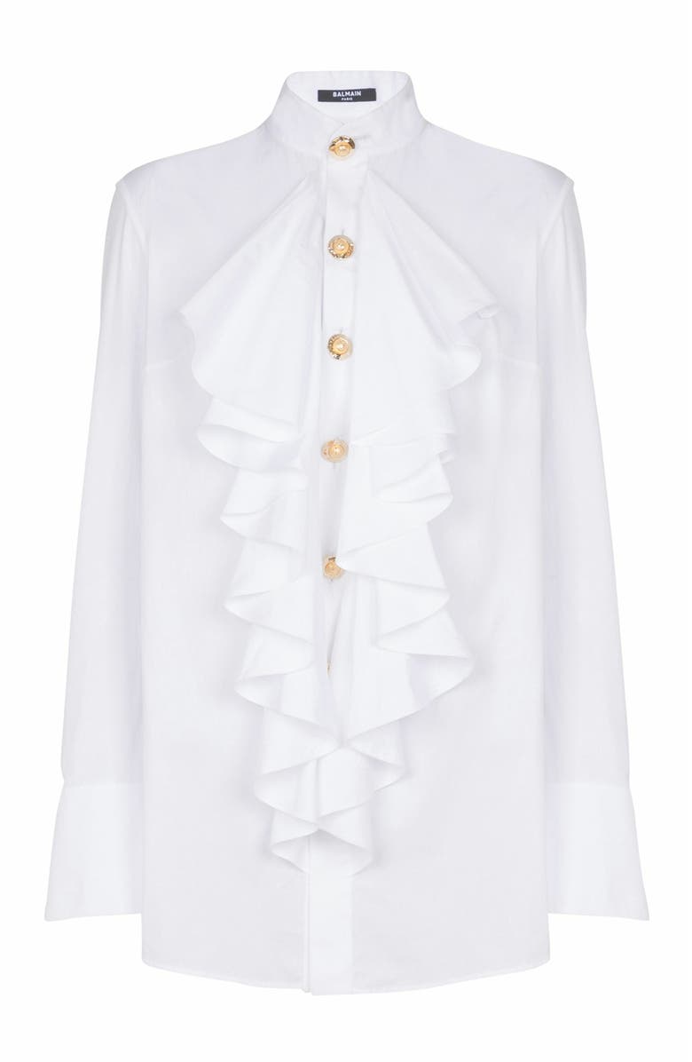 Balmain Ruffled Poplin Shirt, Alternate, color, White