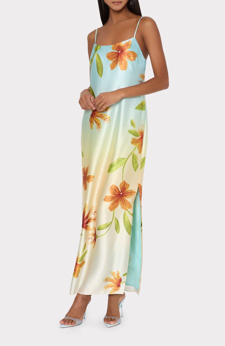Milly Lily Floral Print Sleeveless Satin Maxi Dress, Alternate, color, Yellow Multi