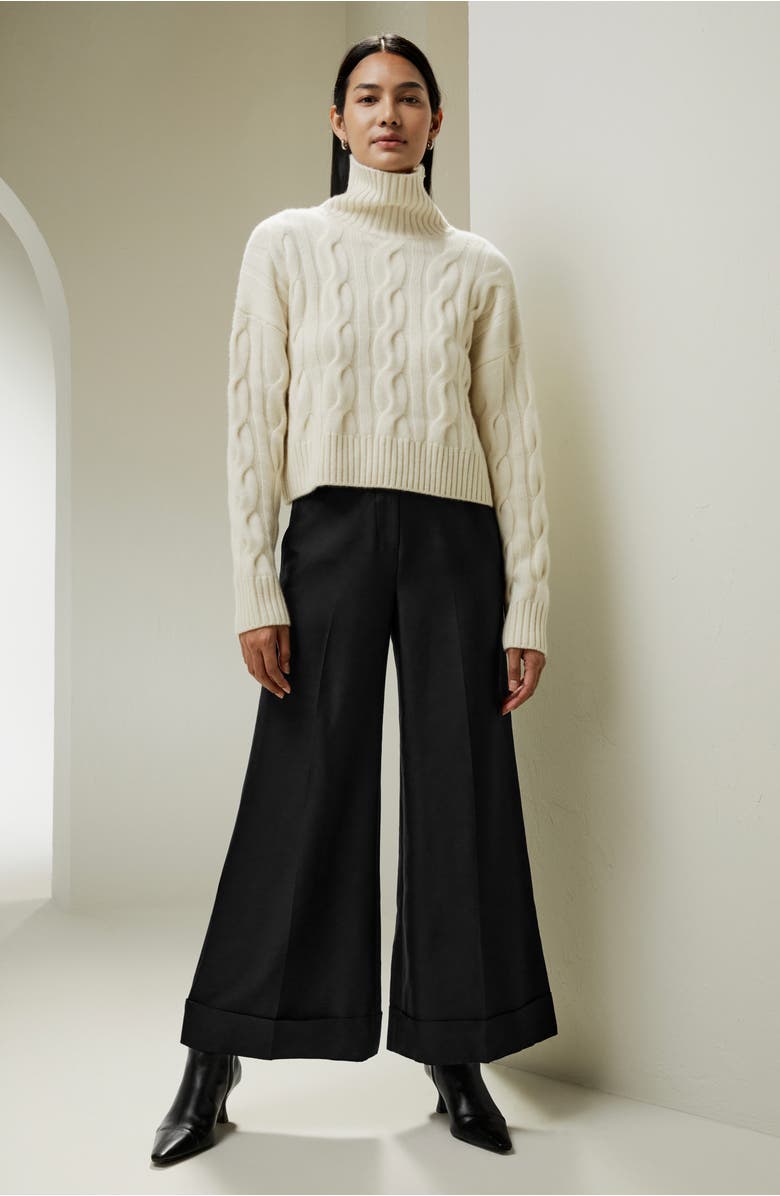 Lilysilk Cable Knit Cashmere Turtleneck Sweater, Alternate, color, White