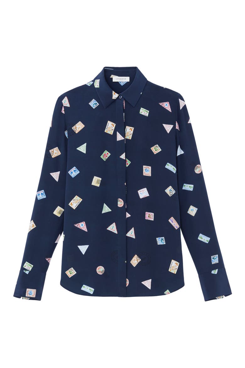 Scottie Postage Stamp Print Silk Button-Up Shirt, Alternate, color, MIDNIGHT BLUE MULTI