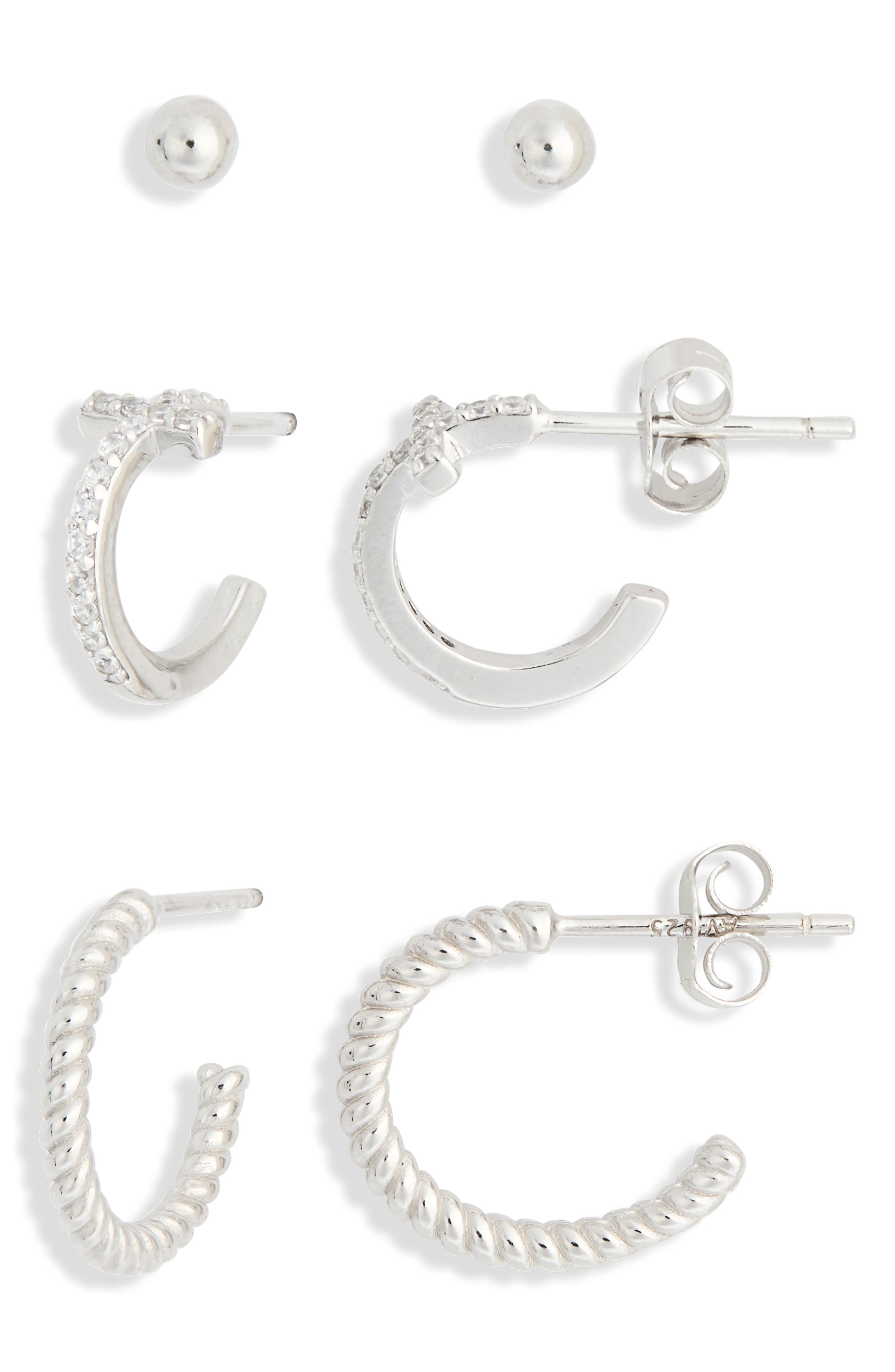 ARGENTO VIVO Set of 3 Sterling Silver Ball, Cross & Twisted Huggie Hoop Earrings