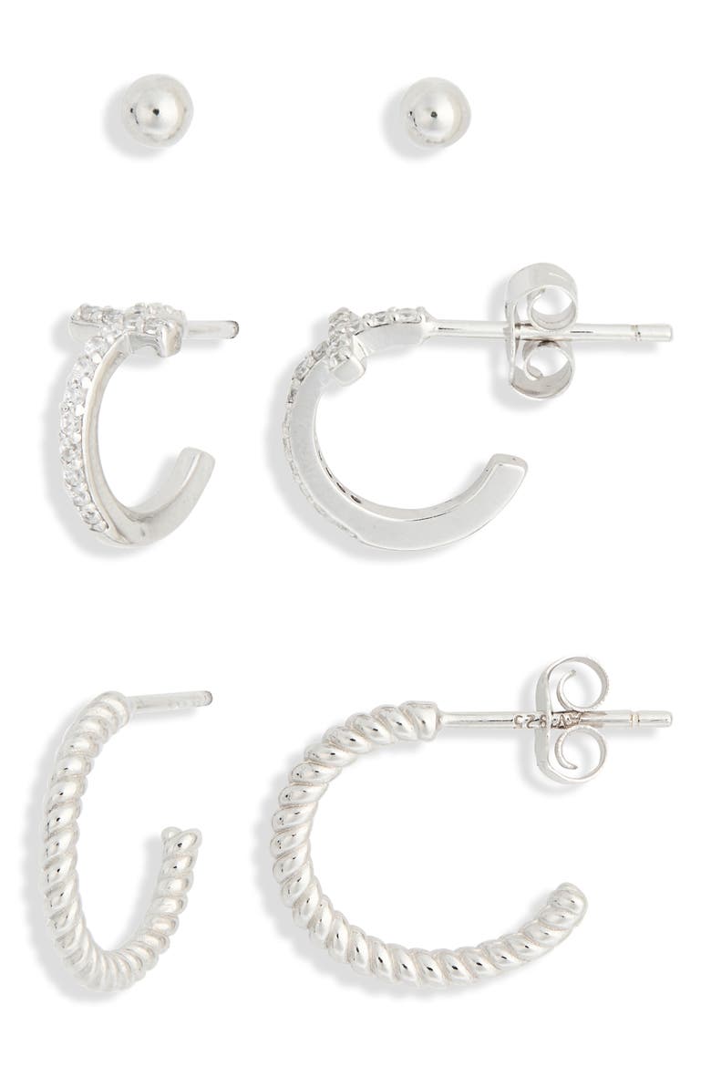 Set of 3 Sterling Silver Ball, Cross & Twisted Huggie Hoop Earrings, Main, color, SILVER