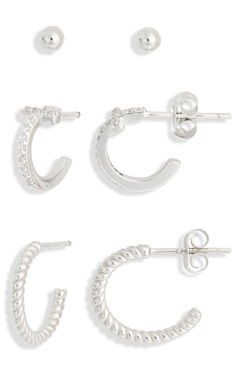 ARGENTO VIVO Set of 3 Sterling Silver Ball, Cross & Twisted Huggie Hoop Earrings, Main, color, Silver