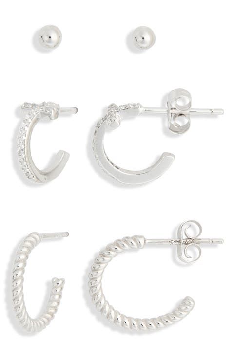 Set of 3 Sterling Silver Ball, Cross & Twisted Huggie Hoop Earrings