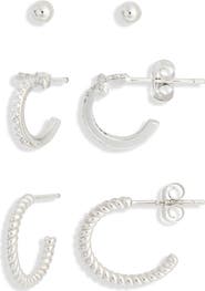 ARGENTO VIVO Set of 3 Sterling Silver Ball, Cross & Twisted Huggie Hoop Earrings