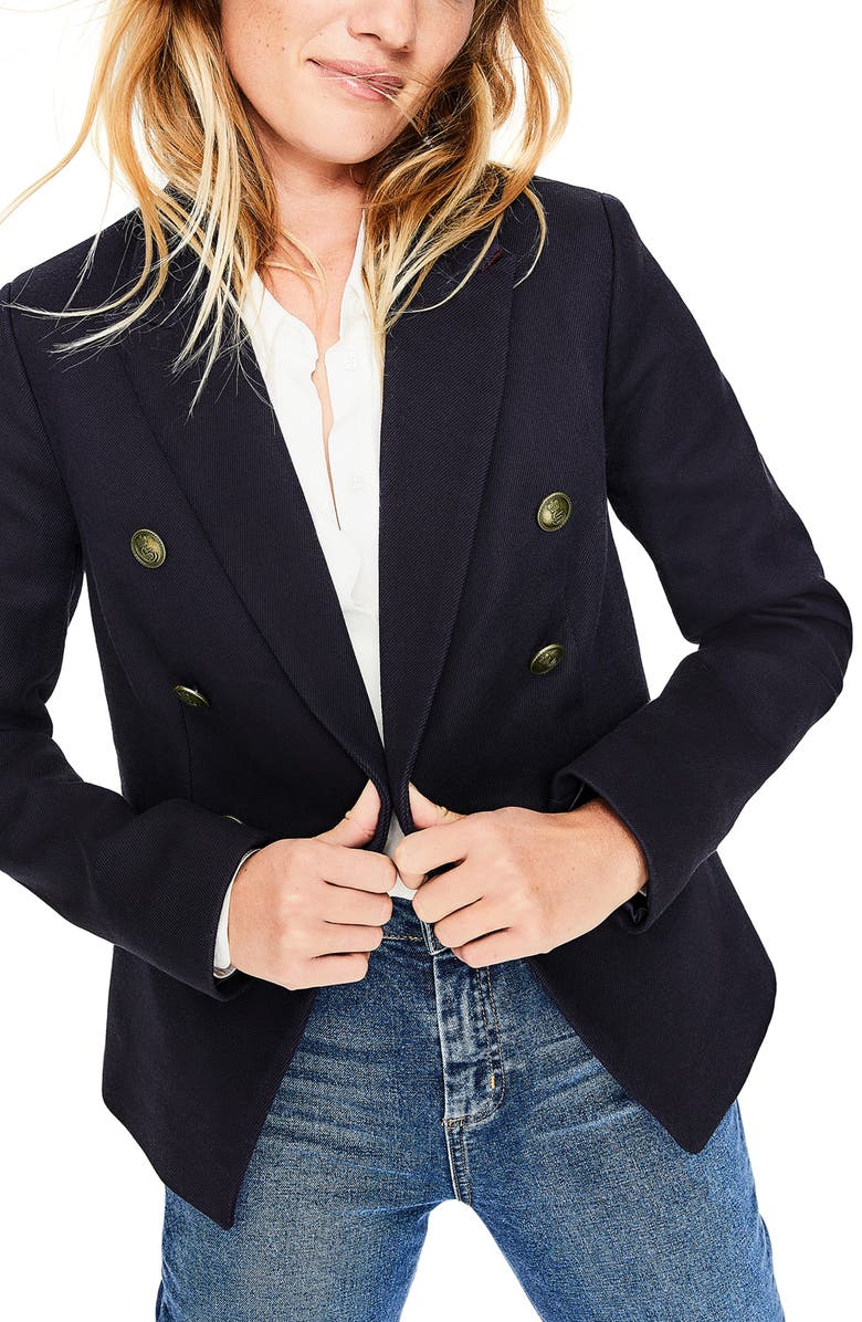 Boden Longeline Twill Double Breasted Blazer, Main, color, 