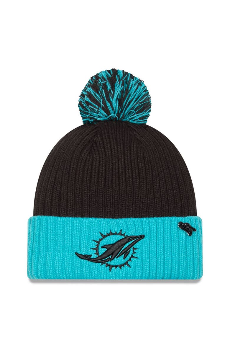 New Era Men's New Era Black/Aqua Miami Dolphins 2024 Inspire Change Cuffed Knit Hat with Pom, Main, color,