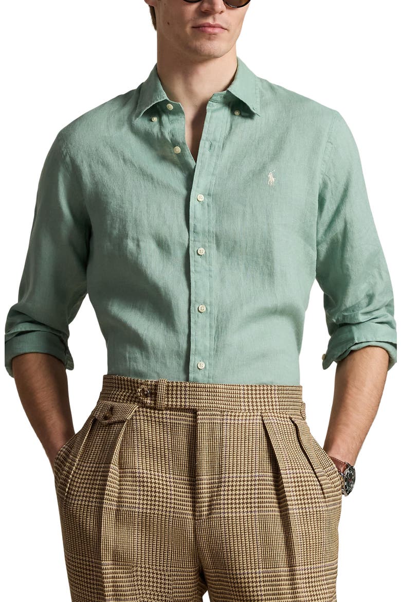 Classic Fit Linen Button-Down Shirt, Main, color, FADED MINT