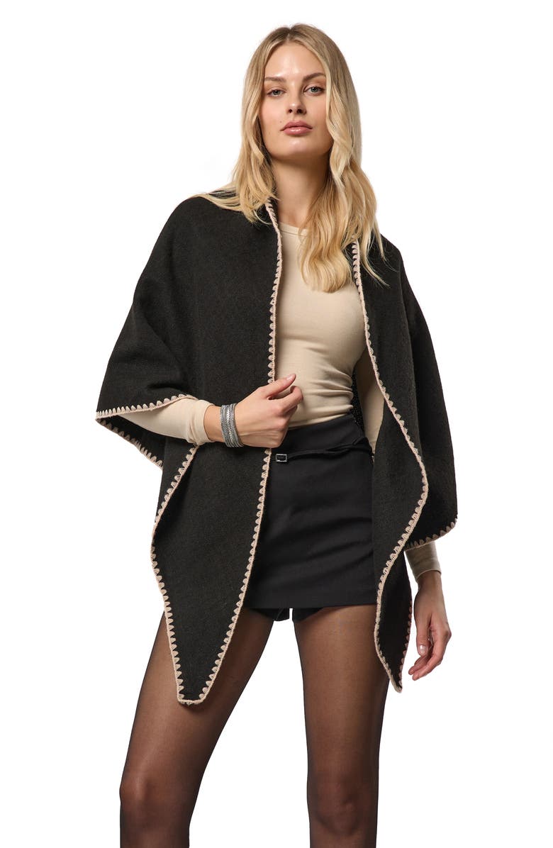 SAACHI Triangle Knit Trim Shawl, Alternate, color, Black