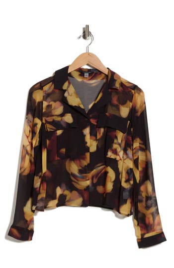 T Tahari Print Long Sleeve Crop Blouse In Black