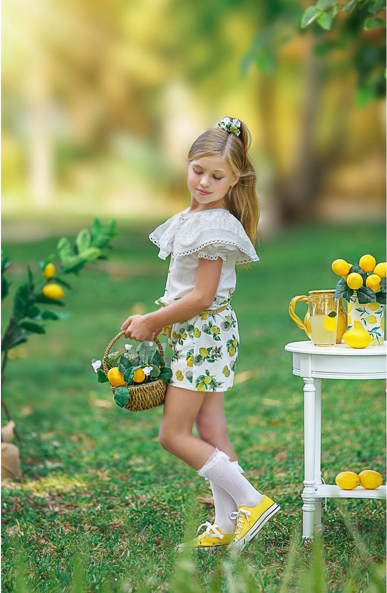 Petite Maison Kids Amalfi Lemon Print Linen Blouse and Shorts Set, Alternate, color, White With Lemon Design