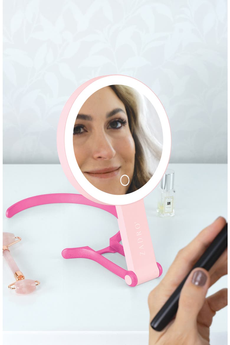 Multi-Position Lighted Travel Hand Mirror with 10X/1X Magnification, Alternate, color, Pink/Pink