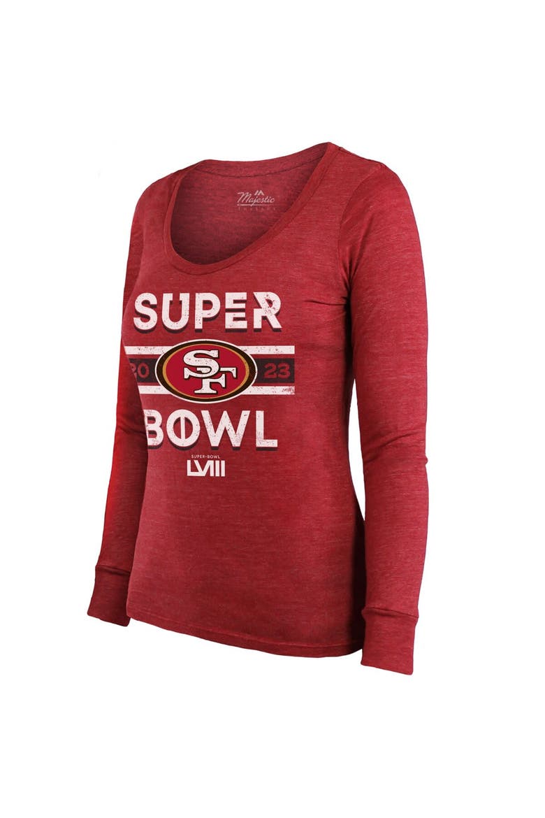 Women's Majestic Threads  Scarlet San Francisco 49ers Super Bowl LVIII Make It Happen Lightweight Tri-Blend Long Sleeve Scoop Neck T-Shirt, Alternate, color, Scarlet