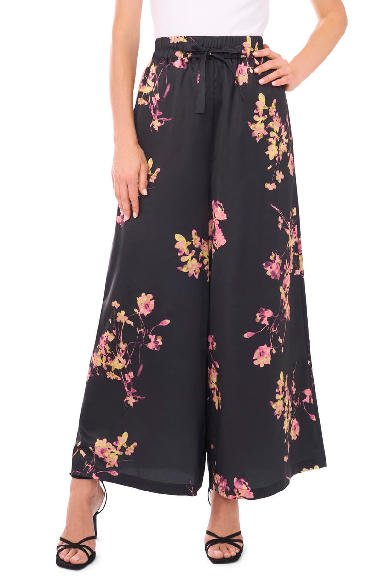 Vince Camuto Print Drawstring Wide Leg Pants, Main, color, Rich Black