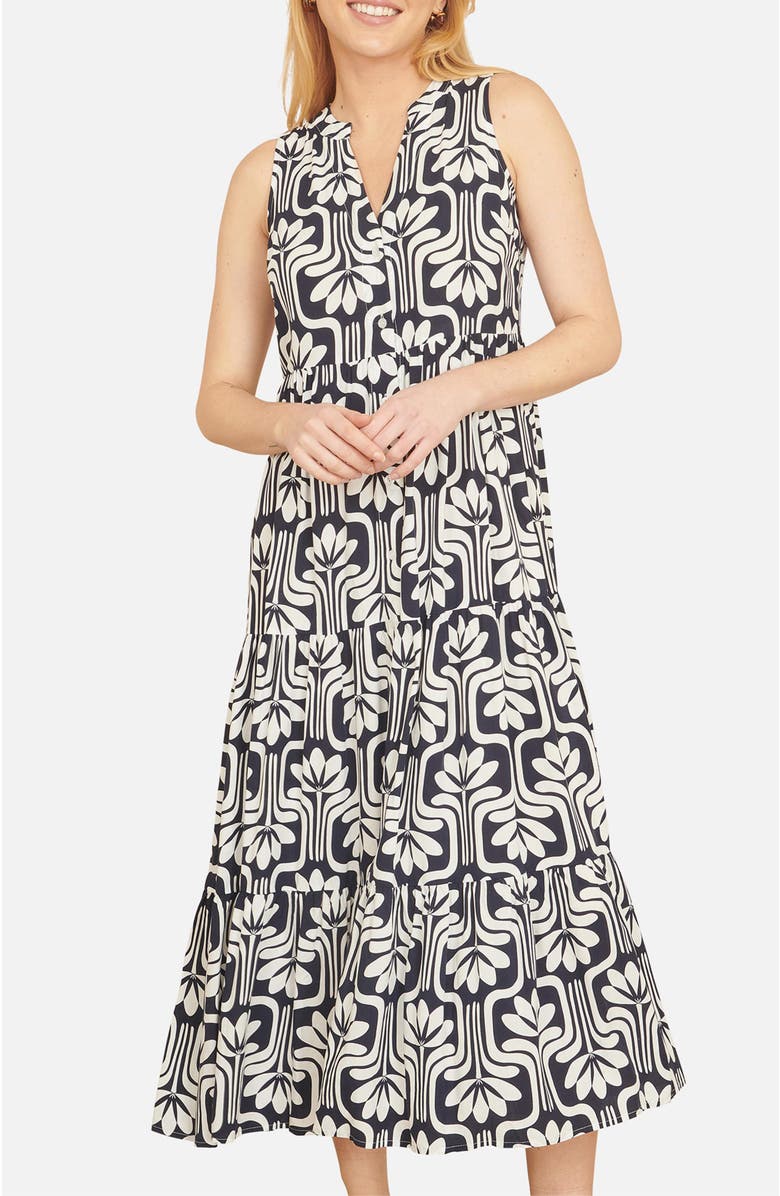 Yumi Retro Print Relaxed Midi Dress, Alternate, color, Navy