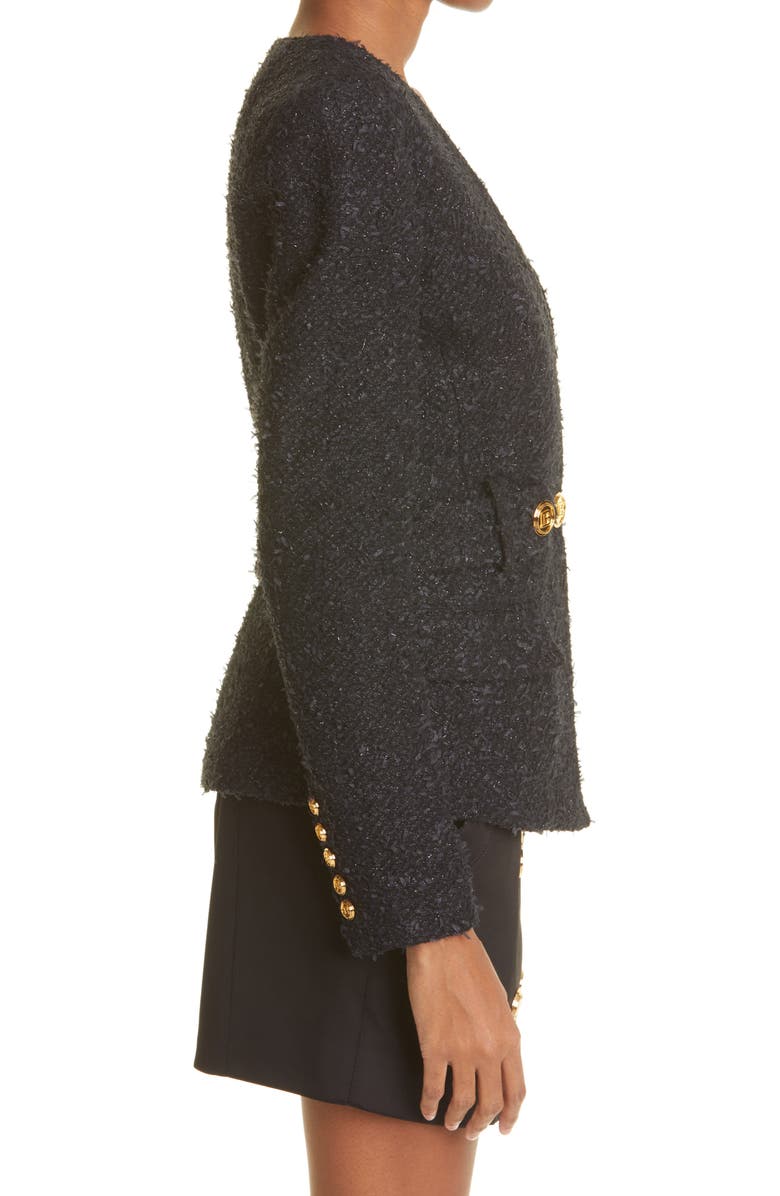 Balmain Crystal Logo Metallic Tweed Blazer, Alternate, color,