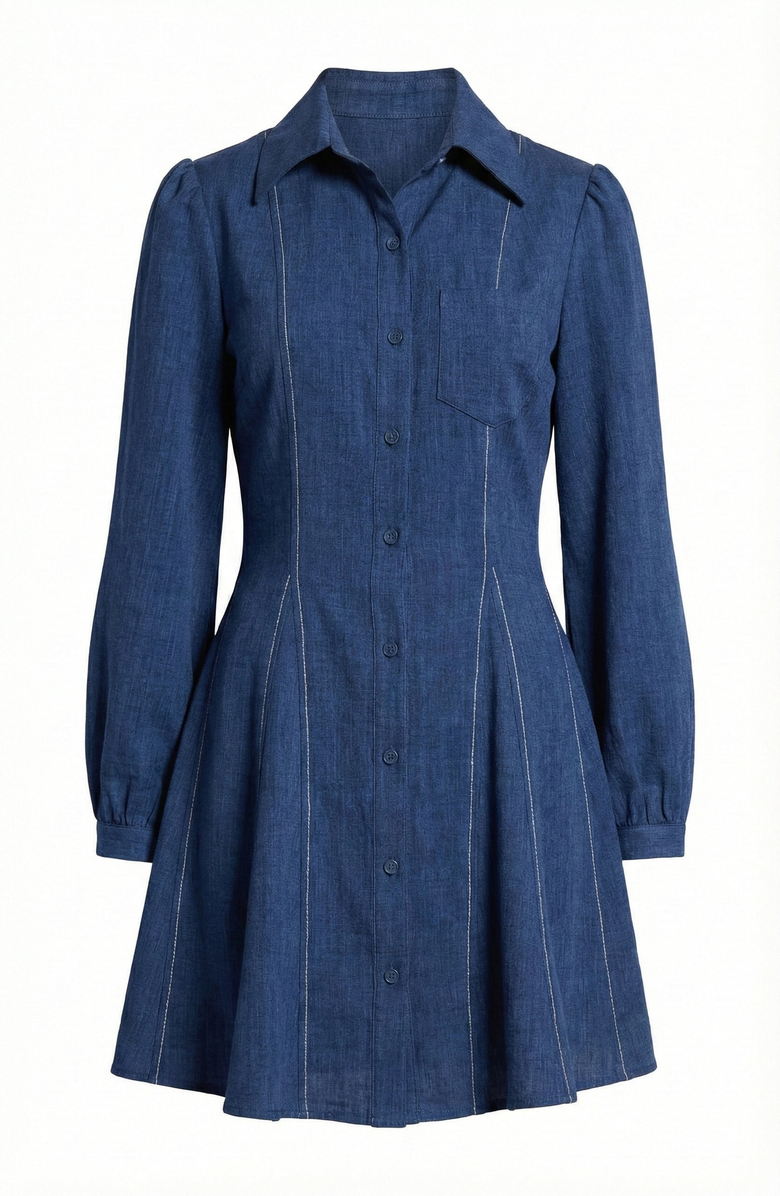 Modenaire Long-Sleeve Denim Contrast-Stitching Flared-Hem Shirt Dress, Alternate, color, Blue