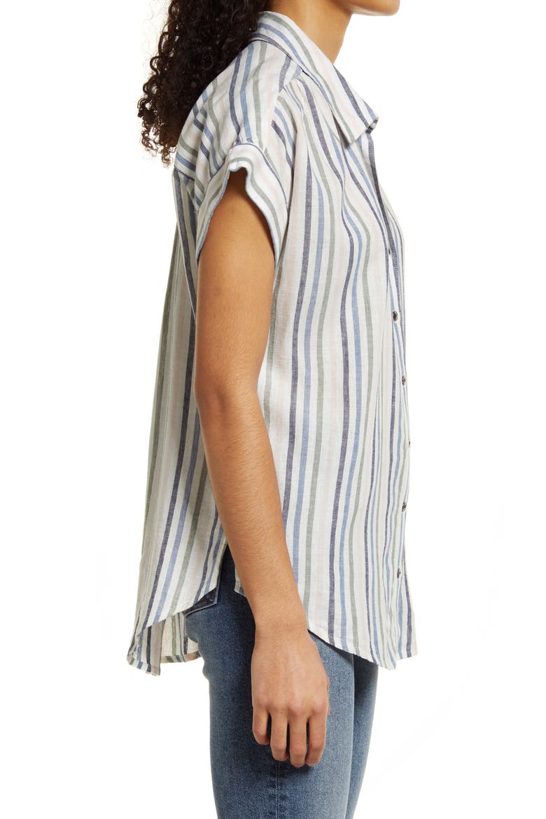 Short Sleeve Linen Blend Camp Shirt, Alternate, color, IVORY BLUE EVELYN STRIPE